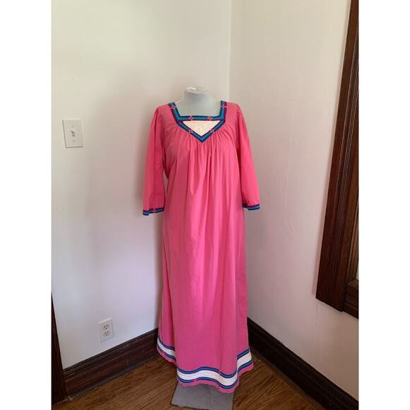 VTG 60 70 Maxi Dress Embellishments Pink Mumu House Dress Aztec Southwest Cotton - Picture 3 of 17